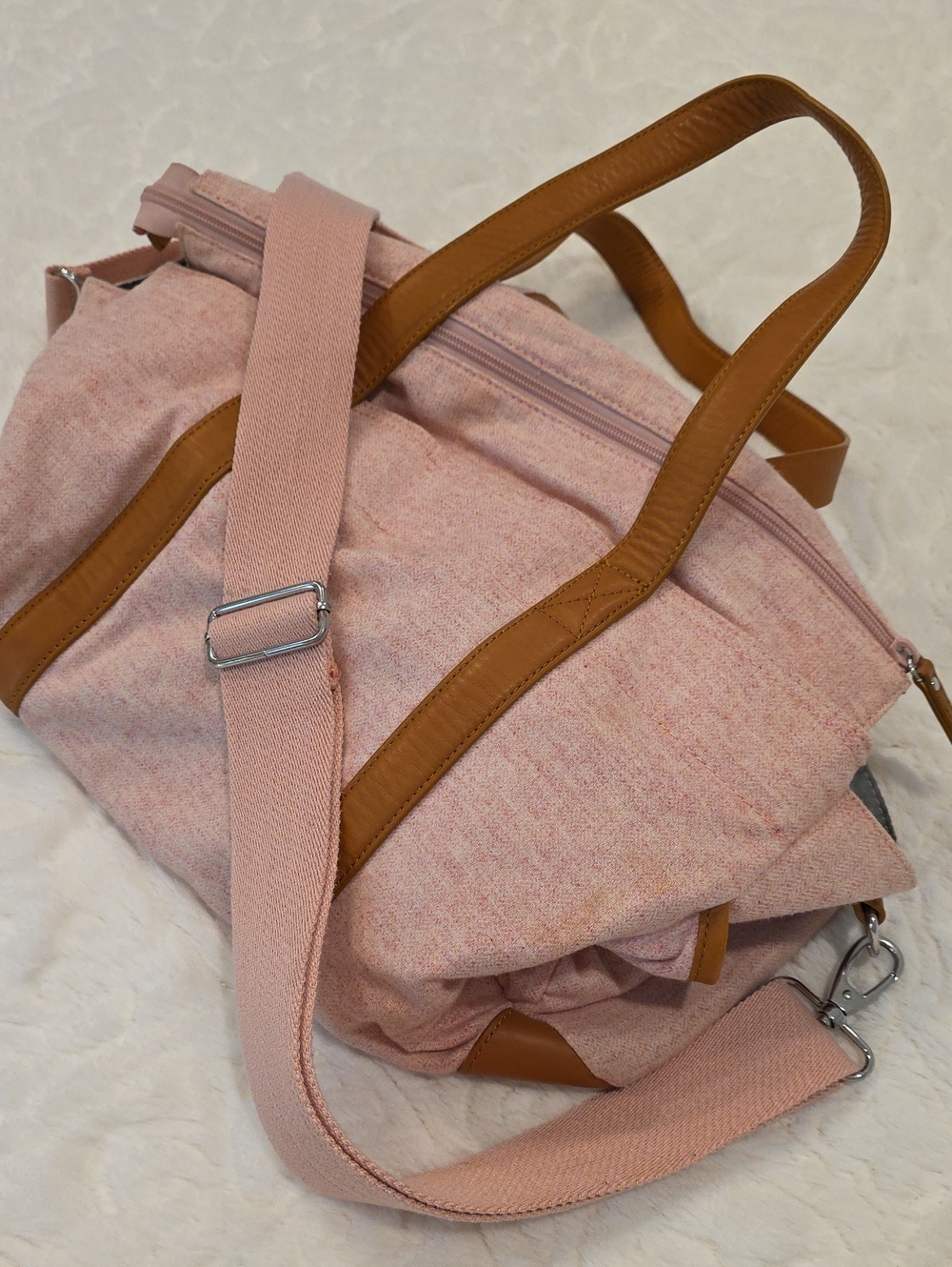 Pottery Barn Kids Blush Pink Canvas Baby Bag with Tan Trim